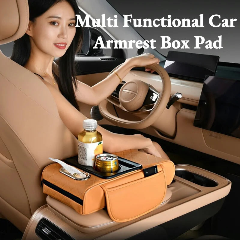 Car Center Console Armrest Cushion with 2 Cup Holders - Height Raising Arm Rest Pad