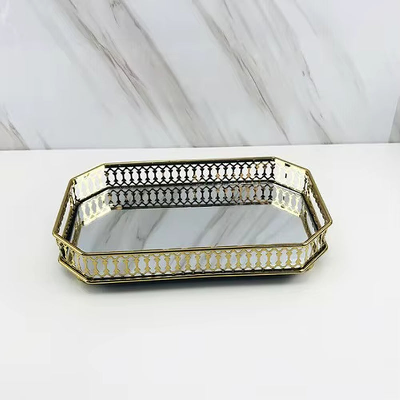 Gold Mirrored Vanity Tray, 13.8 x 9.8 In Metal Decorative Organizer – image 3