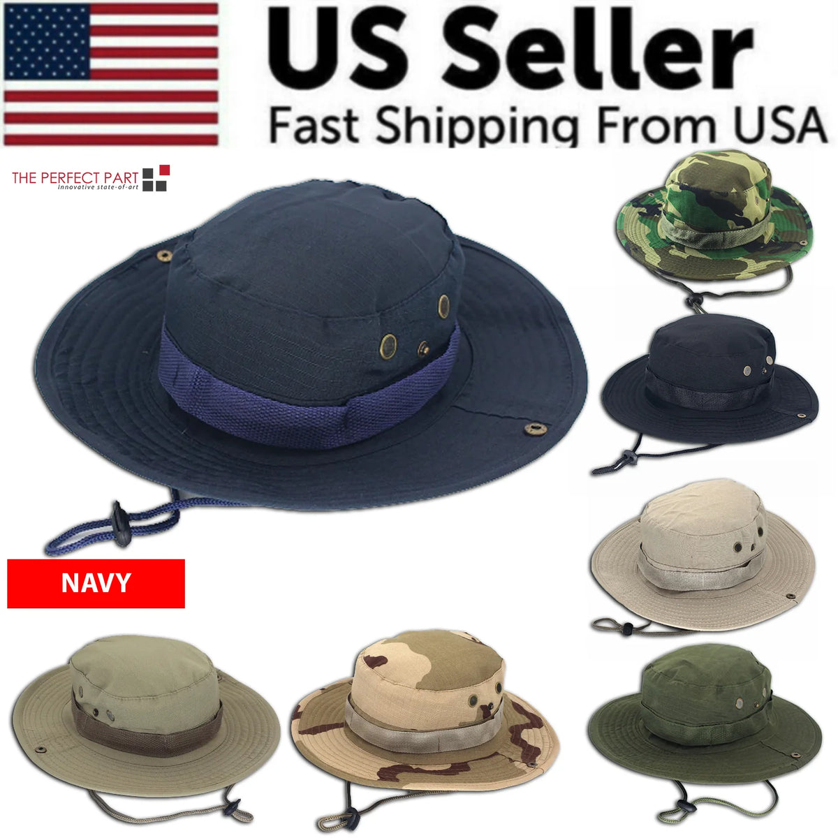 Work Sun Hat Camo Boonie - Wide Brim Outdoor Hat with Chin Strap