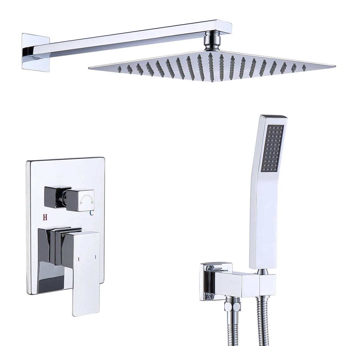 12 in Square Rain Shower Combo Set with Handheld & Rough-In Valve, Chrome