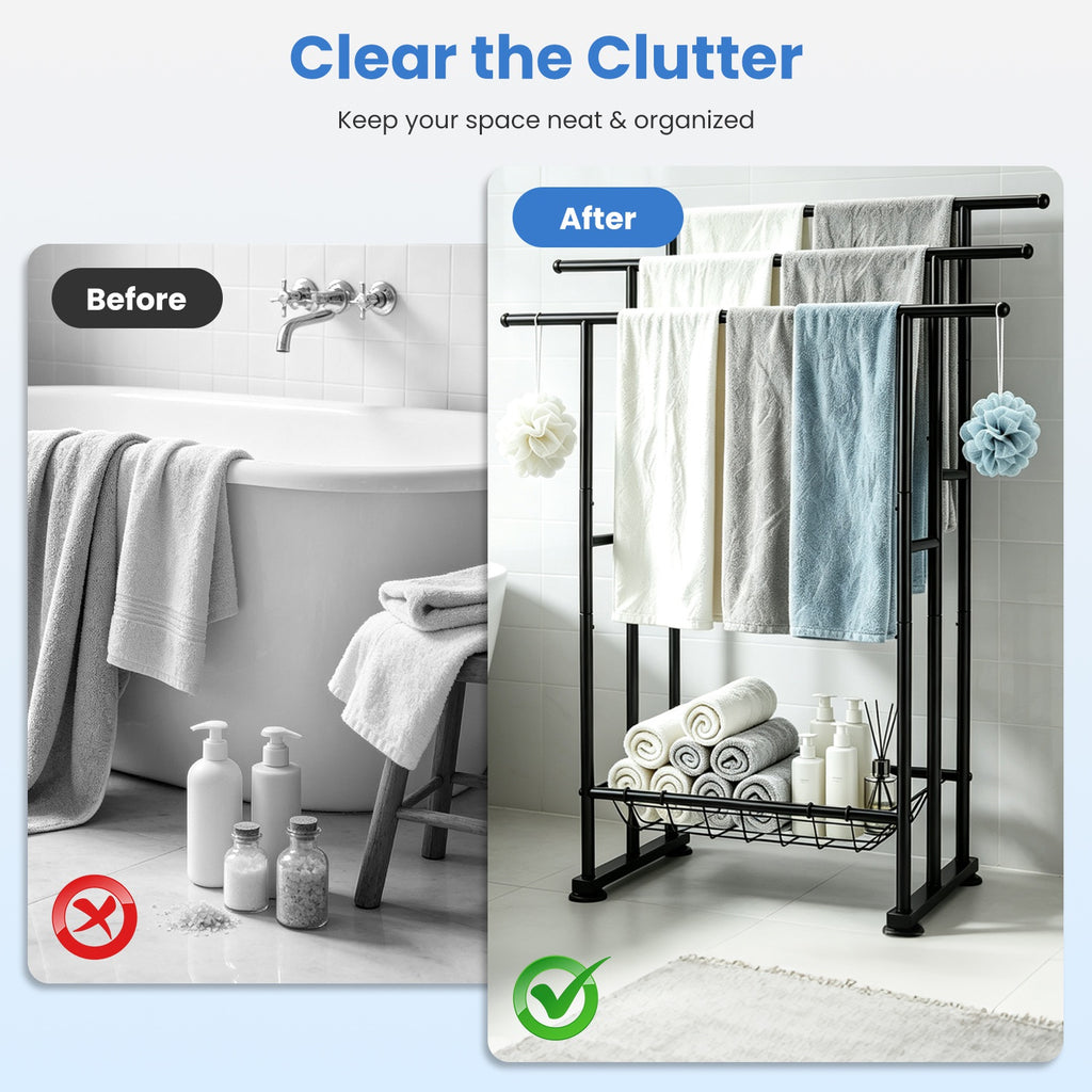 3-Tier Freestanding Towel Rack with Storage Basket, Black – image 8