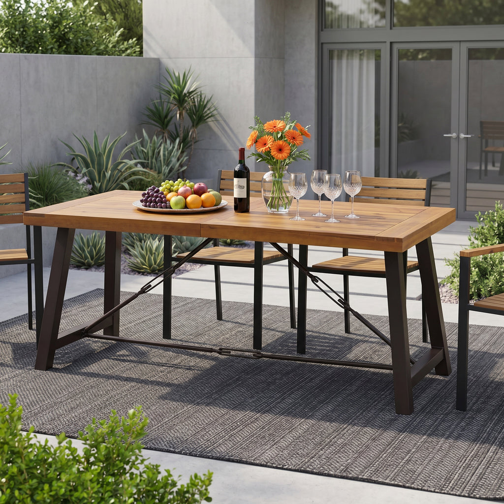 Outdoor Acacia Wood Dining Table 70 in, Metal Base, Teak Finish – image 2