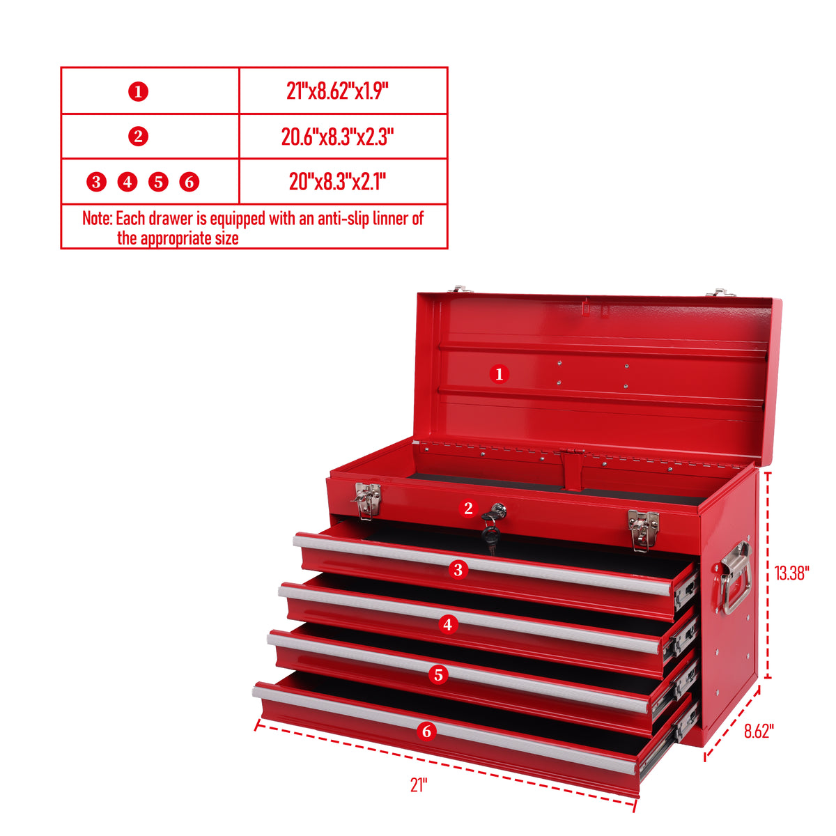 Metal Tool Box 21 in with 4 Drawers, Portable Locking Tool Chest, Red – image 8