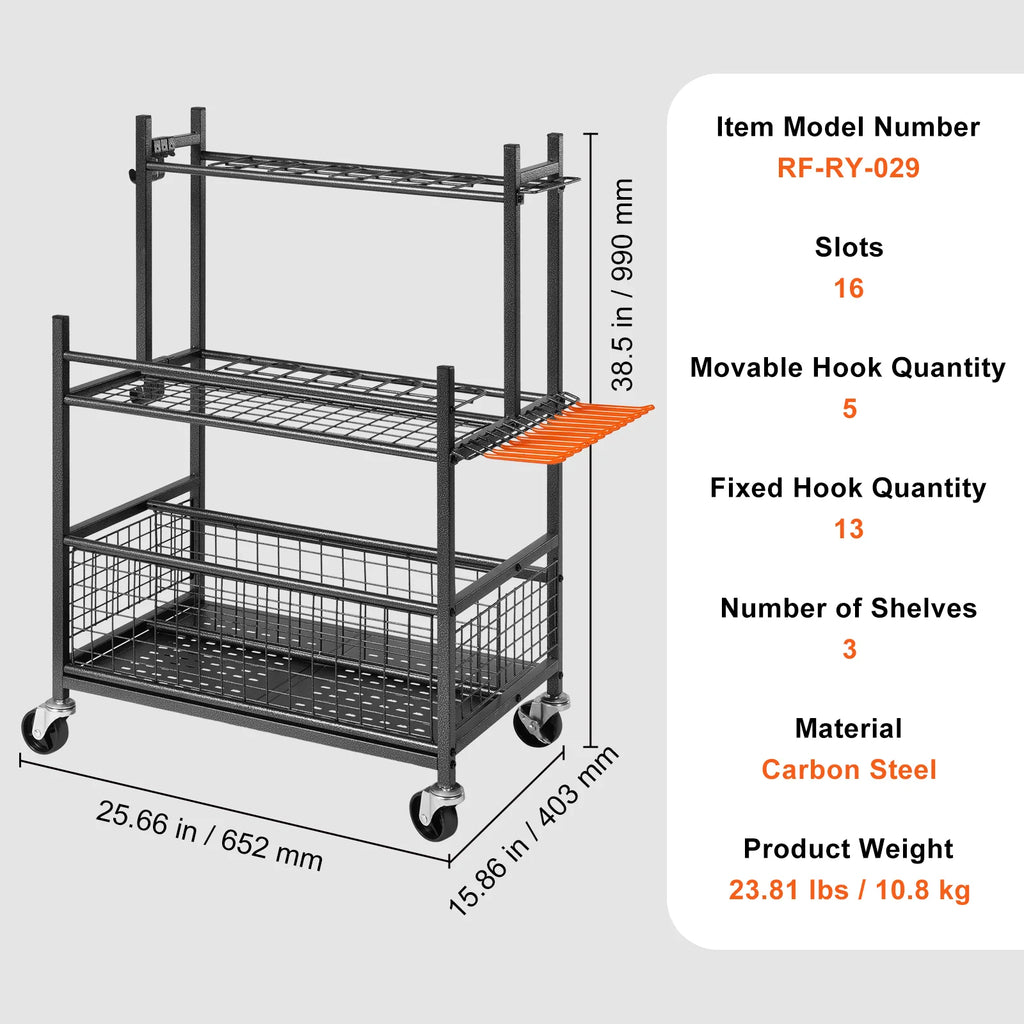 Garden Tool Organizer Rack, 16 Slots with Hooks and Locking Wheels – image 7
