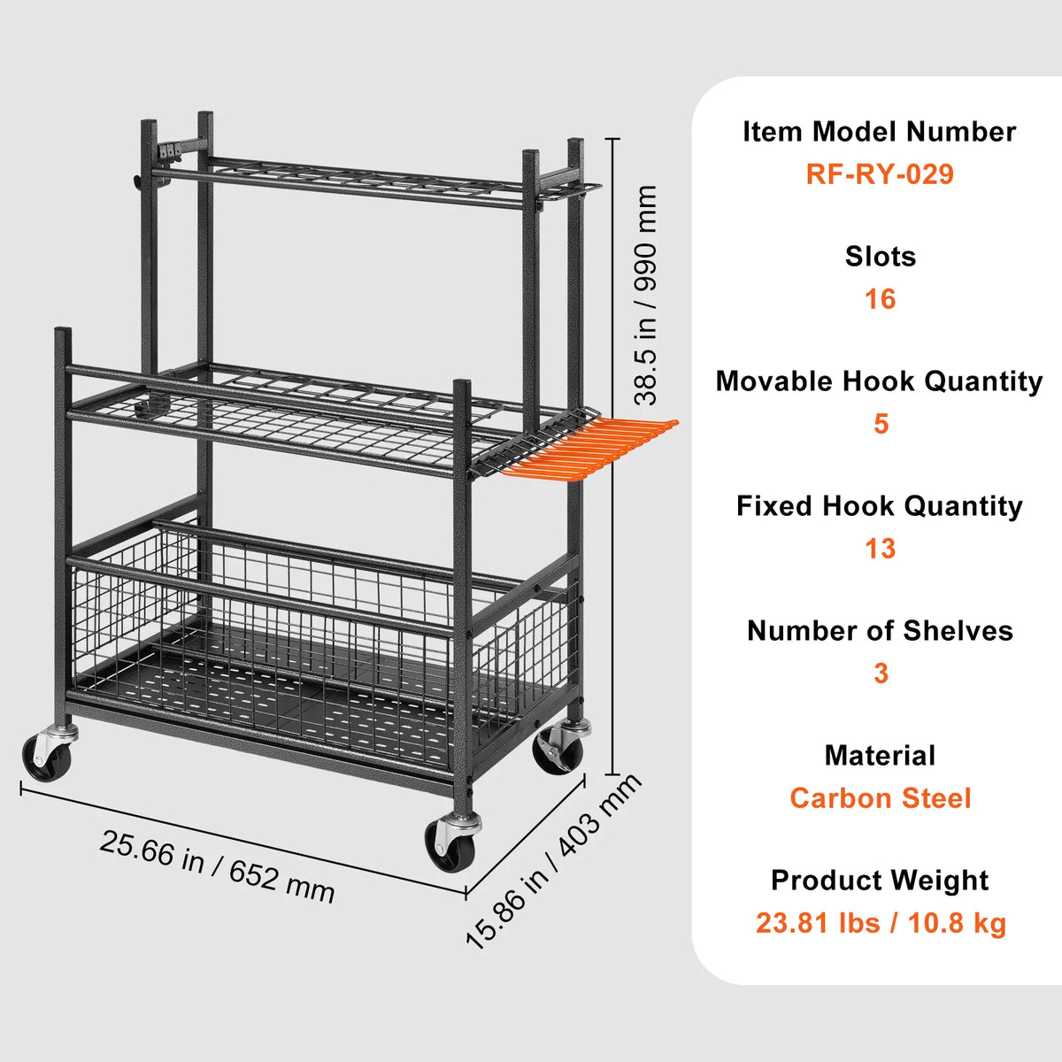 Garden Tool Organizer Rack, 16 Slots with Hooks and Locking Wheels – image 7