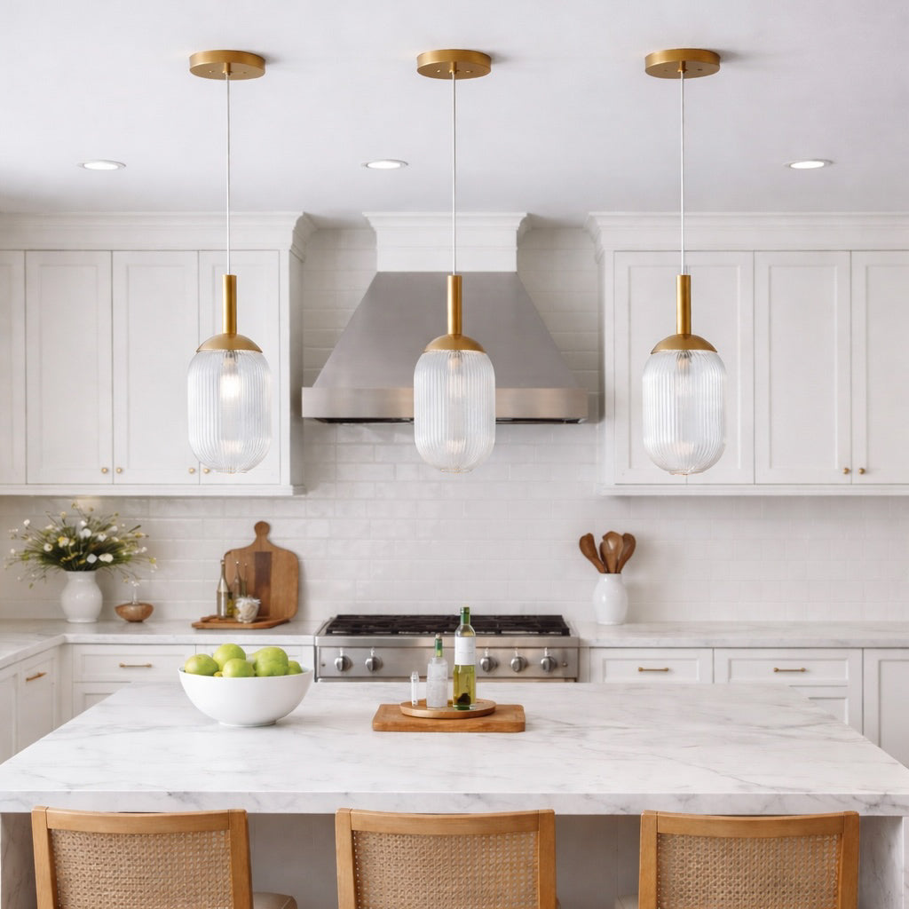 Ribbed Glass Capsule Pendant Light, Bronze Mid-Century Fixture