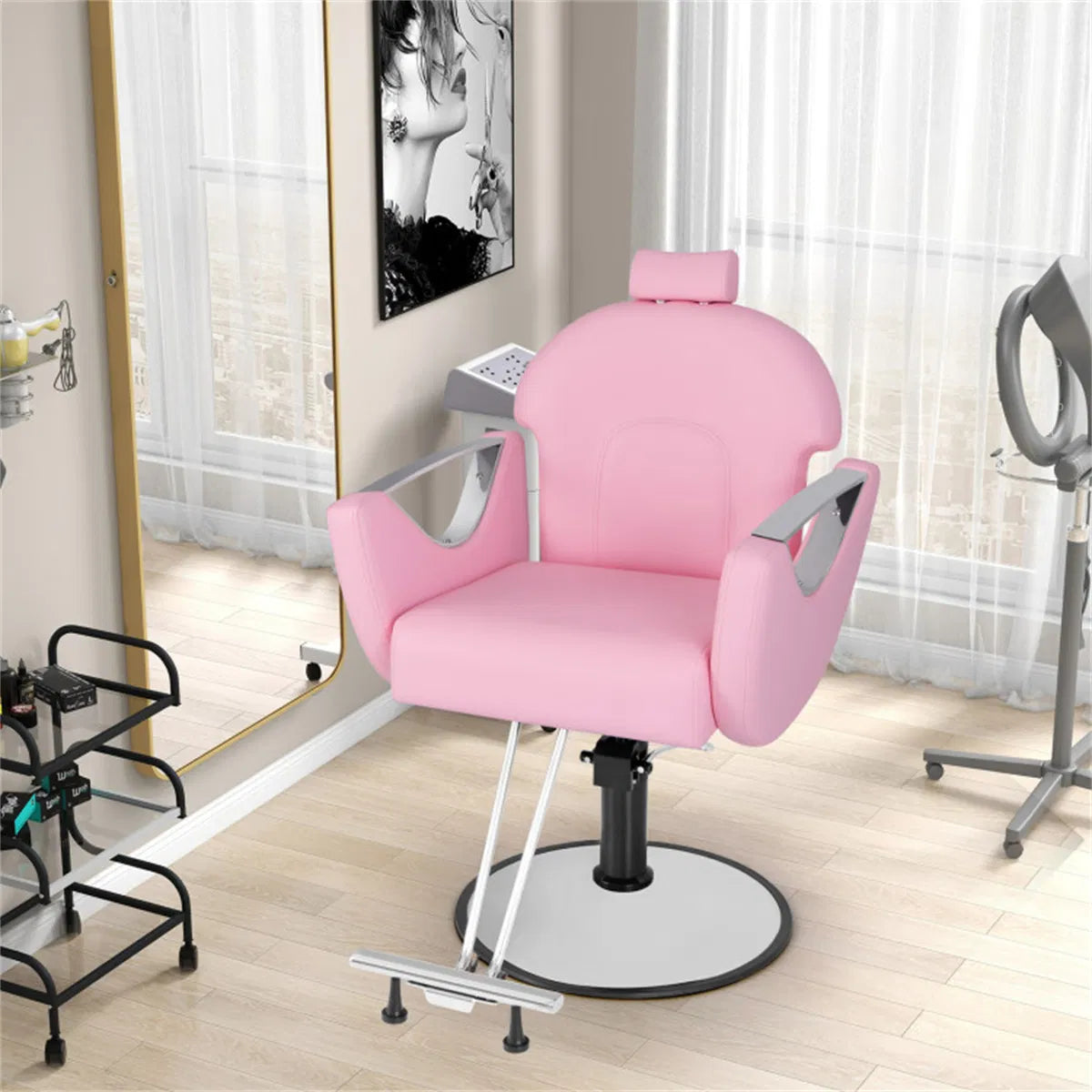 Pink Reclining Barber Chair with Adjustable Headrest – image 3