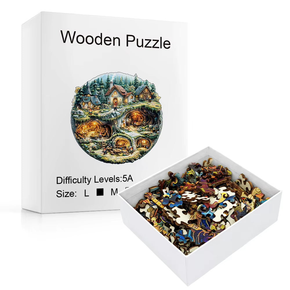 Wooden Jigsaw Puzzle Round, Gnome Village – image 3