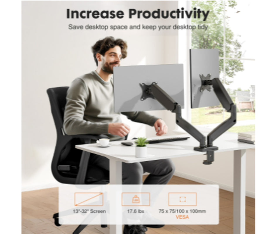Dual Monitor Arm, Gas Spring Desk Mount for 13-32 in Screens – image 2