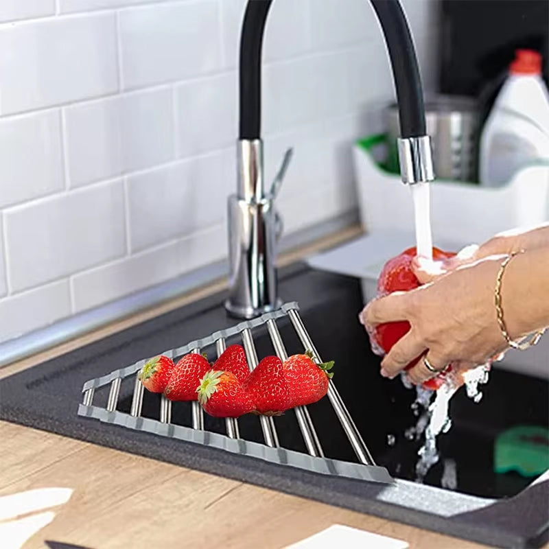 Roll-Up Dish Drying Rack – Foldable Stainless Steel Corner Sink Rack – image 5