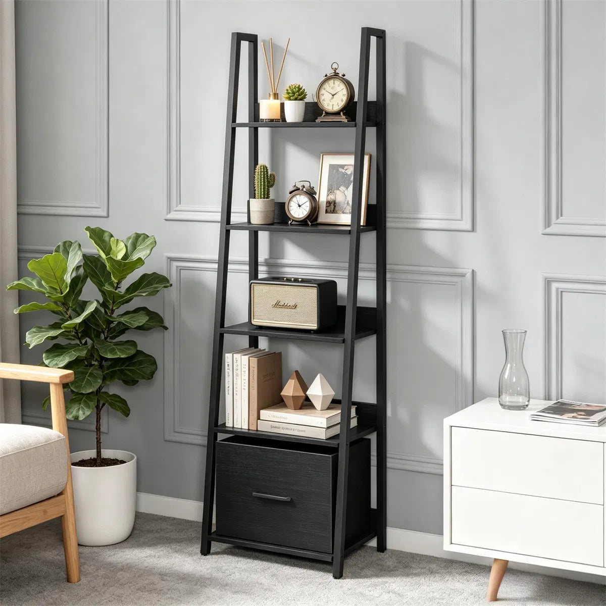 5-Tier Ladder Shelf with Fabric Drawer, Narrow Bookshelf, Black – image 3