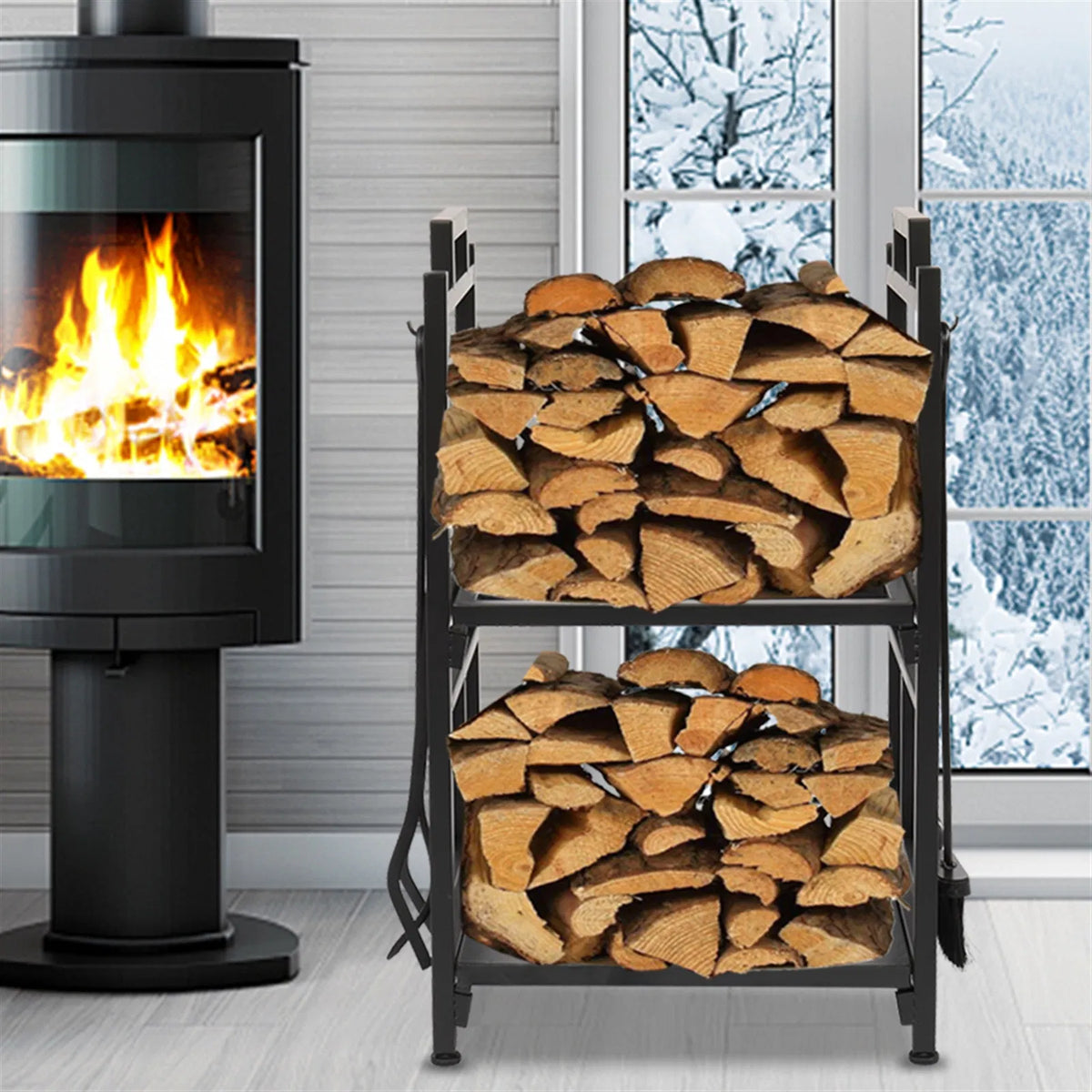 2-Tier Firewood Log Holder with 4 Fireplace Tools, Steel Log Rack – image 3
