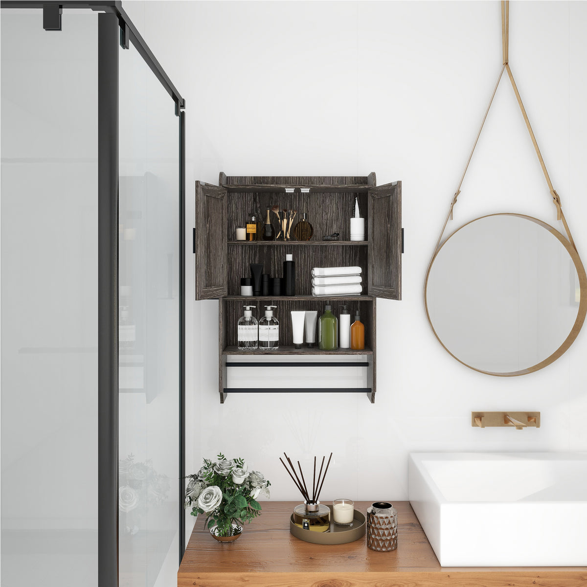 Bathroom Wall Cabinet with Towel Bar and Paper Holder, Grey – image 4