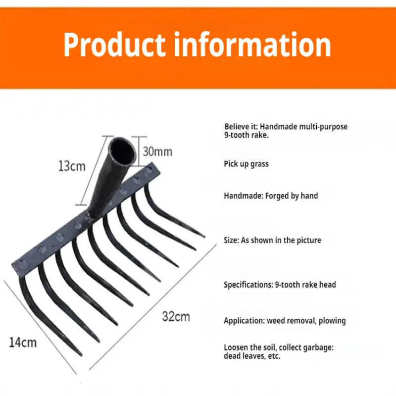 Nine-Tooth Garden Soil Rake with Manganese Steel Head – image 6