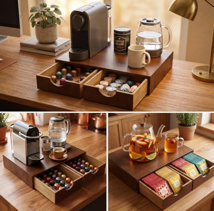 Coffee Pod Organizer, Wooden Coffee Maker Stand with Drawer – image 6
