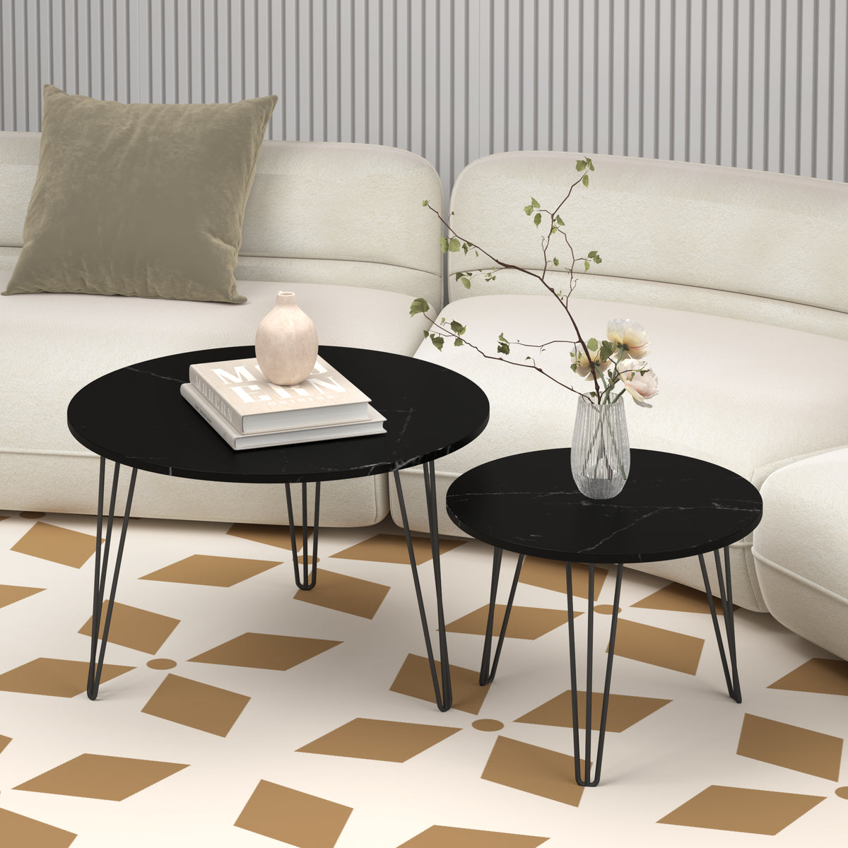 Round Nesting Coffee Tables Set of 2, Faux Marble Top, Black – image 4