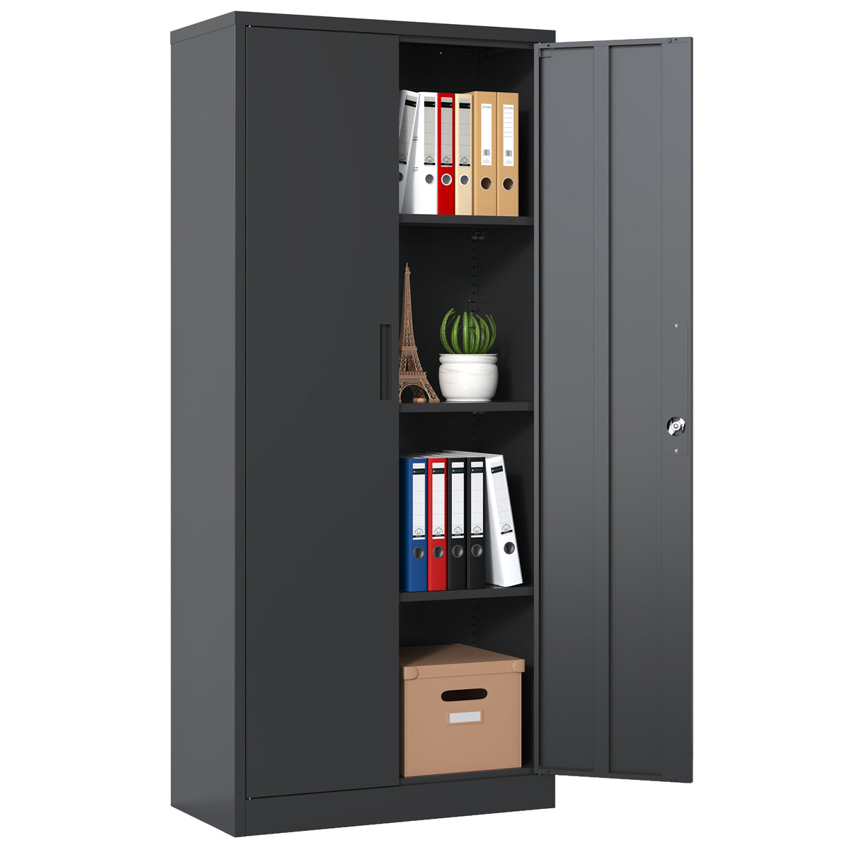 Metal Garage Cabinet 71 in Tall Locking Steel, 3 Shelves, Black – image 4