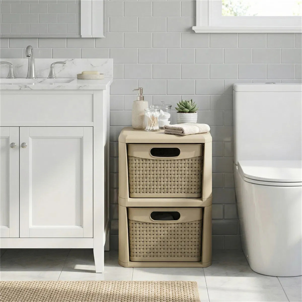 Narrow Storage Cabinet with 2 Wicker-Style Drawers – image 8