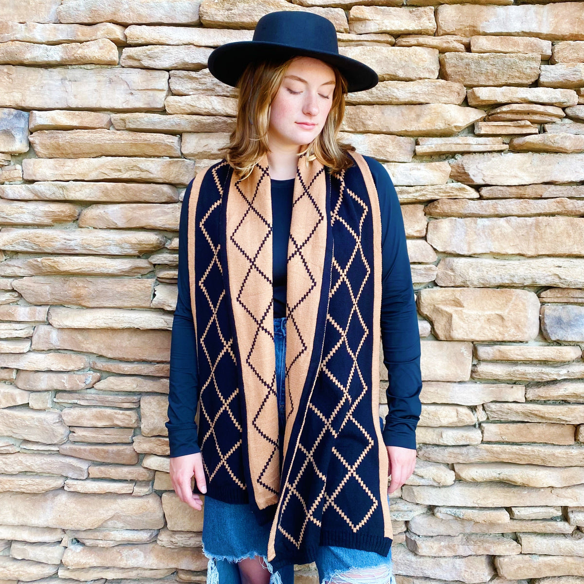 Knit Winter Scarf - Reversible Diamond Pattern Long Scarf – image 5