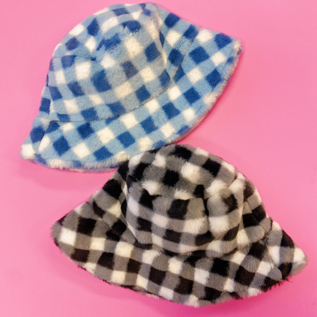 Fuzzy Bucket Hat - Checkered Faux Fur Winter Bucket Hat – image 6