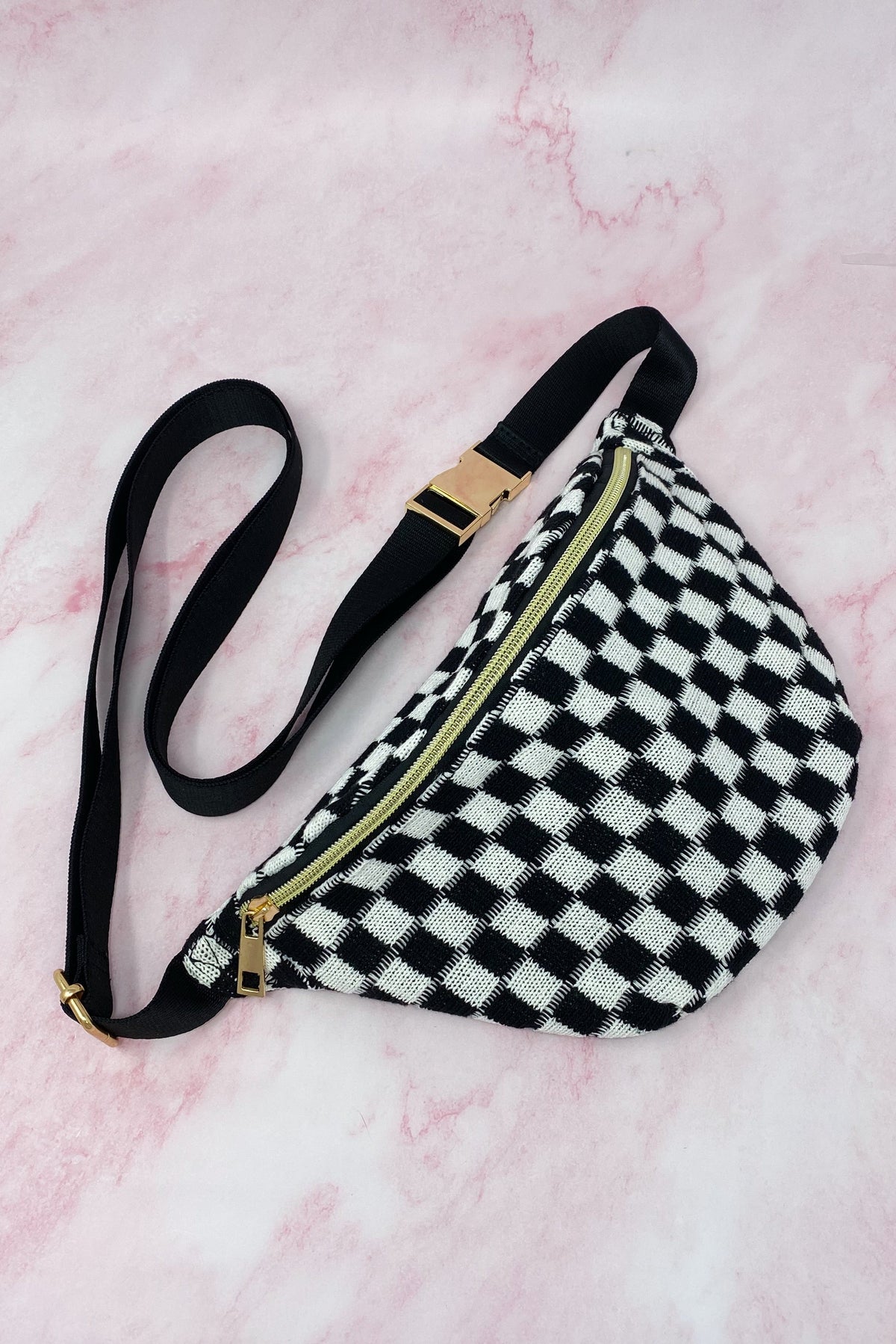 Checkered Knit Belt Sling Bag – Crossbody with Gold Hardware – image 2