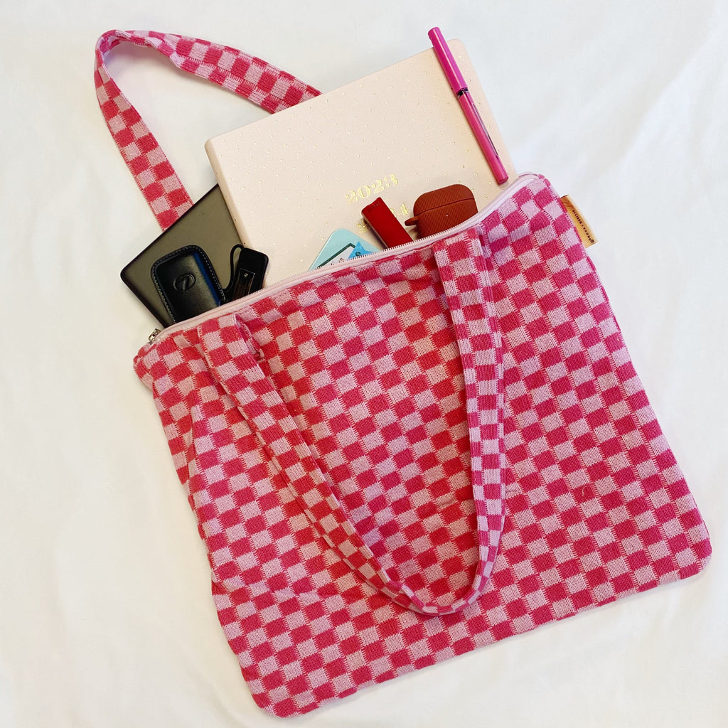 Checkered Tote Bag - Zippered Lined Shoulder Tote with Pocket – image 5