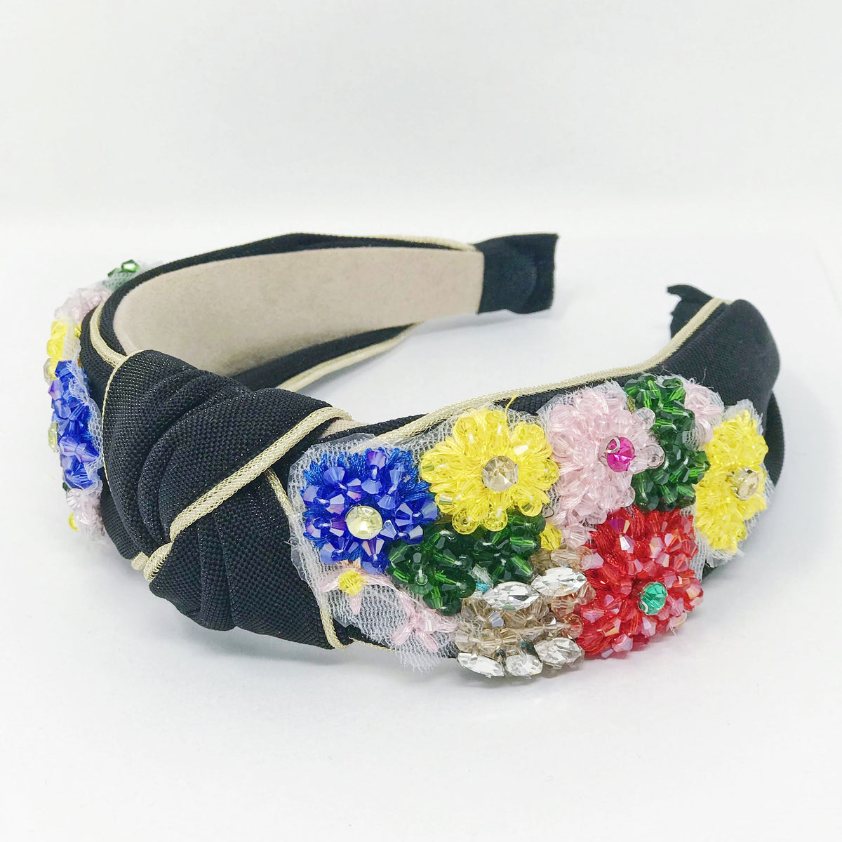 Beaded Flower Headband – Black Shimmer with Gold Trim – image 3