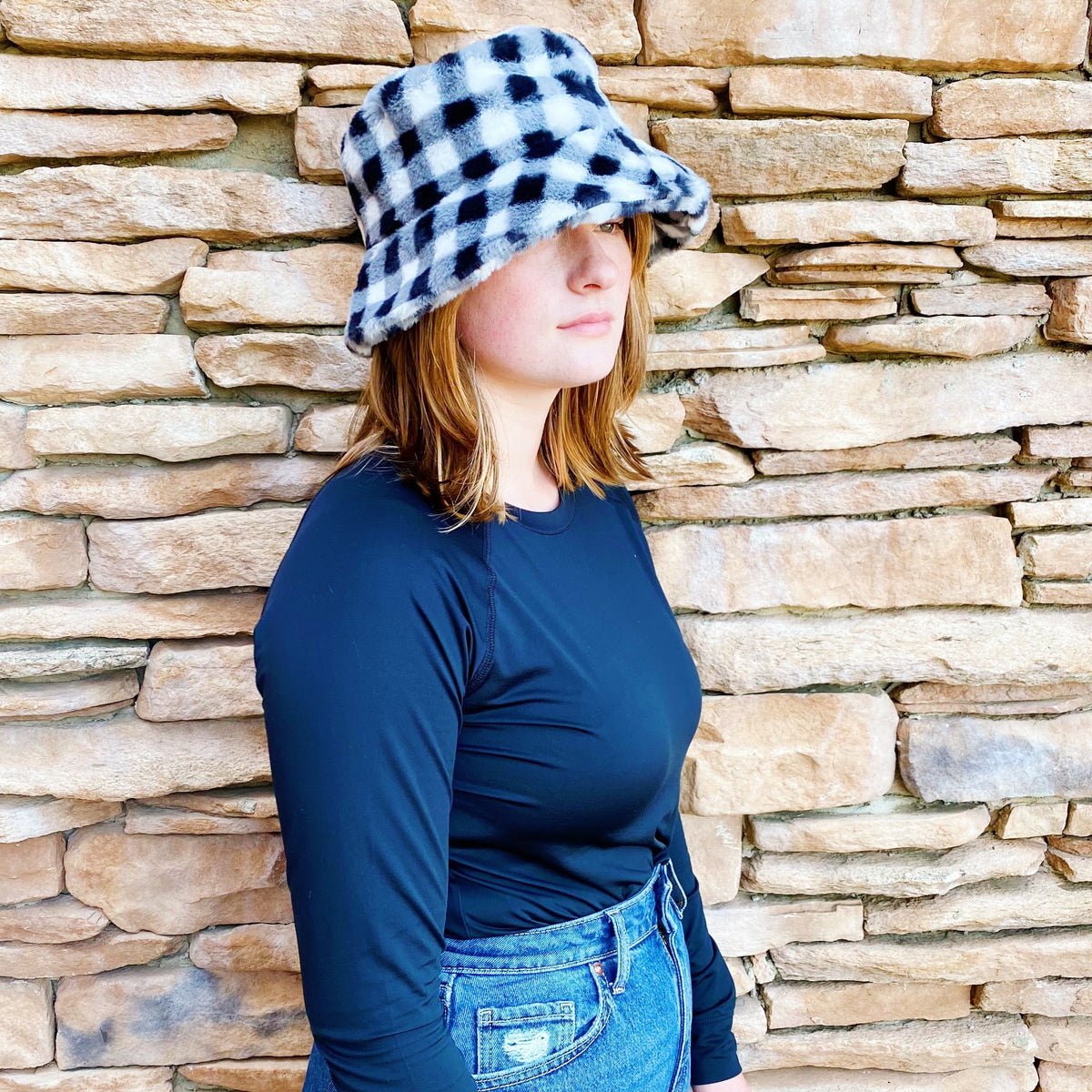 Fuzzy Bucket Hat - Checkered Faux Fur Winter Bucket Hat – image 5