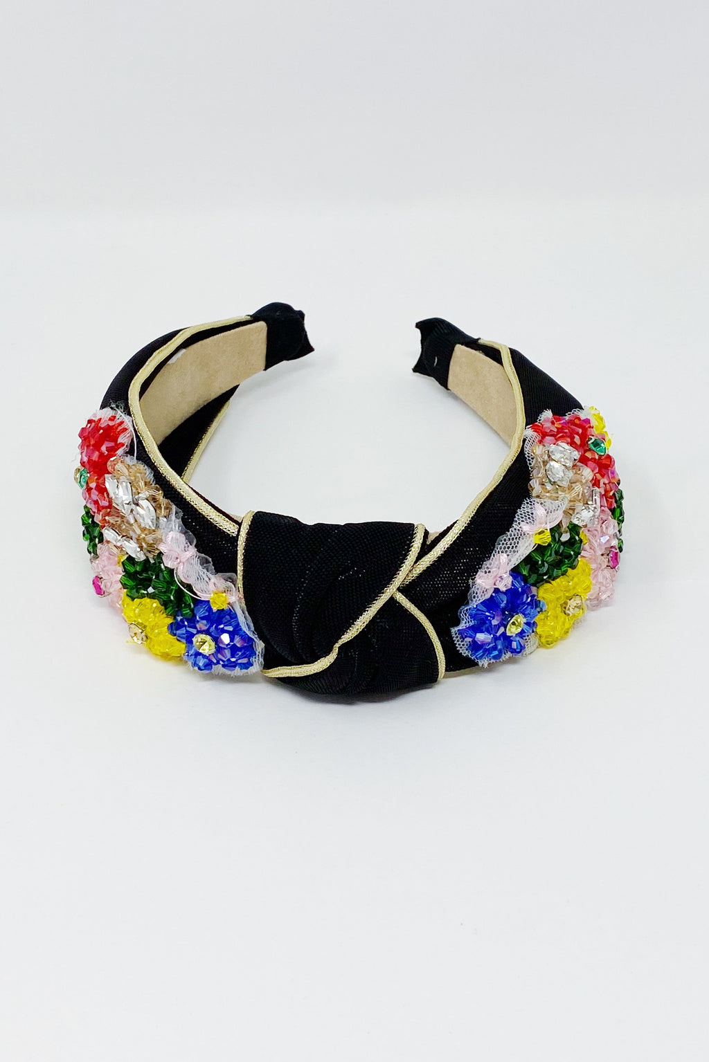 Beaded Flower Headband – Black Shimmer with Gold Trim