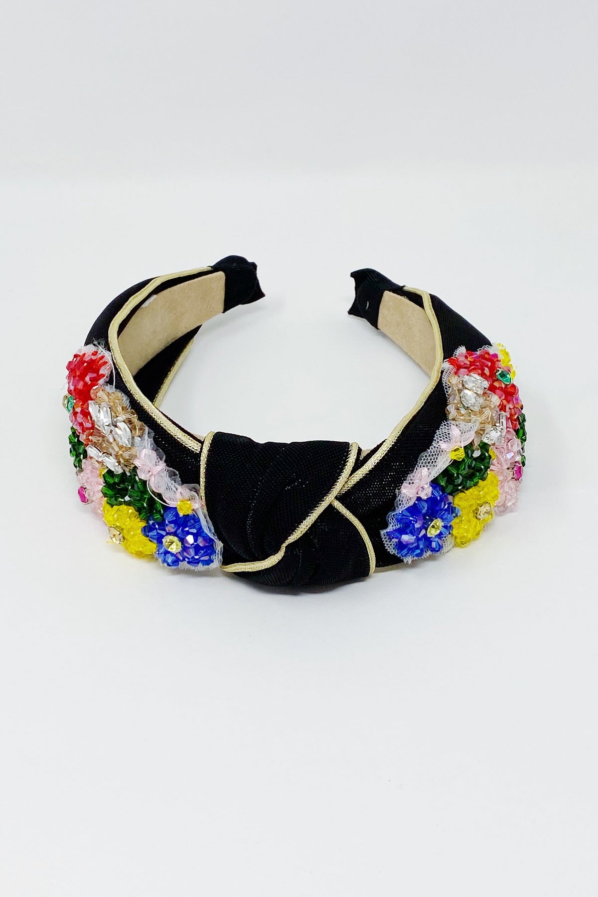 Beaded Flower Headband – Black Shimmer with Gold Trim