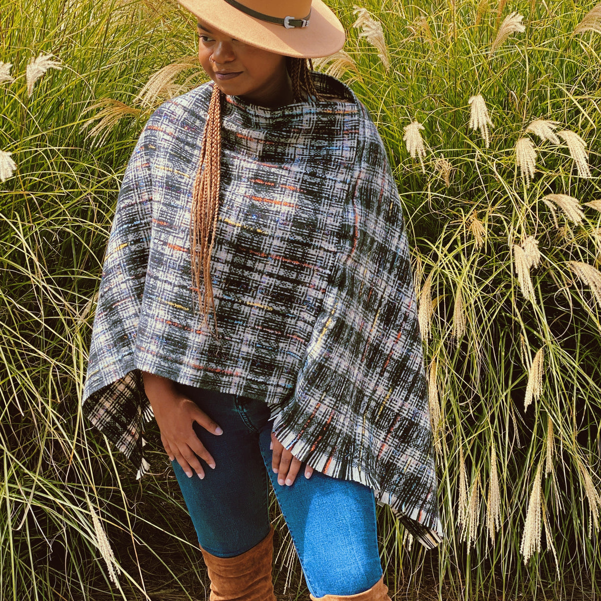 Plaid Tweed Poncho Wrap for Women – Ivory or Black – image 6