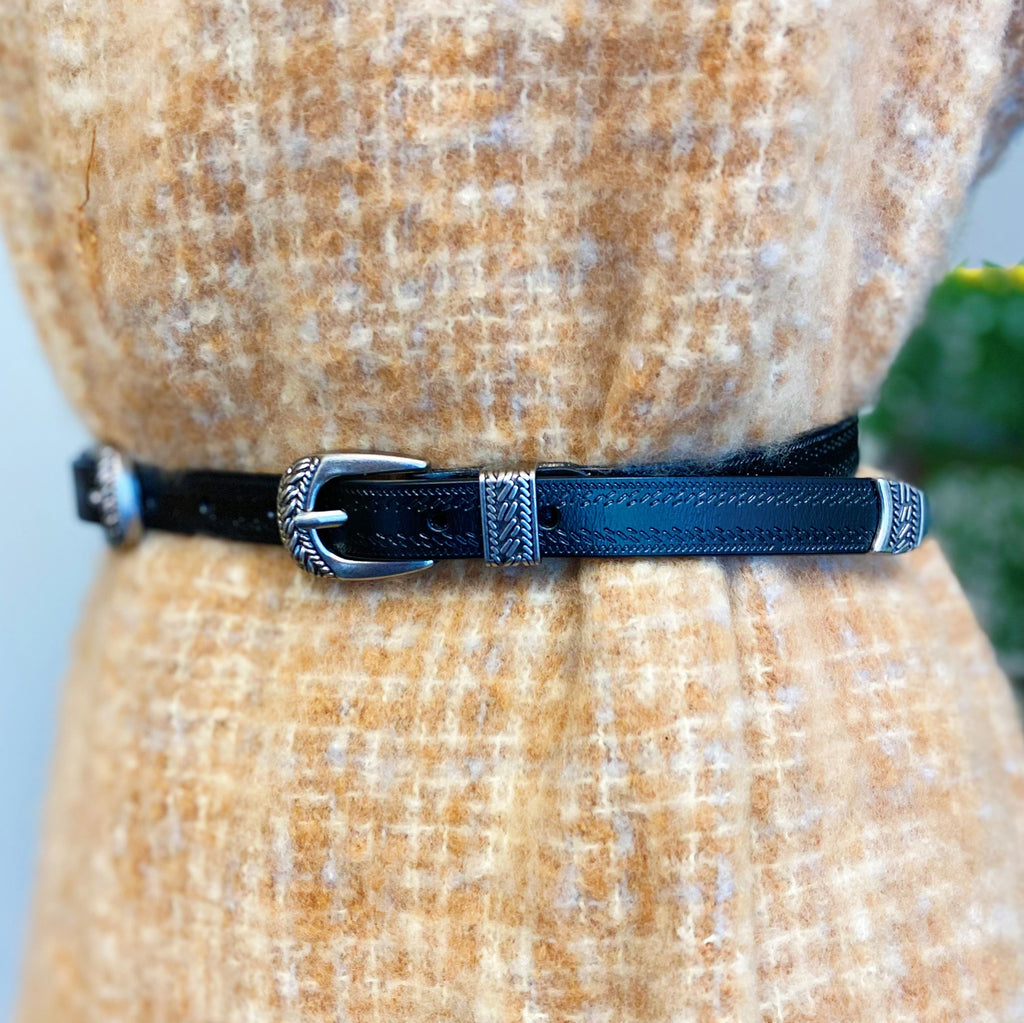 Double Buckle Leather Belt – Slim Women's Belt, Silver Tone – image 2