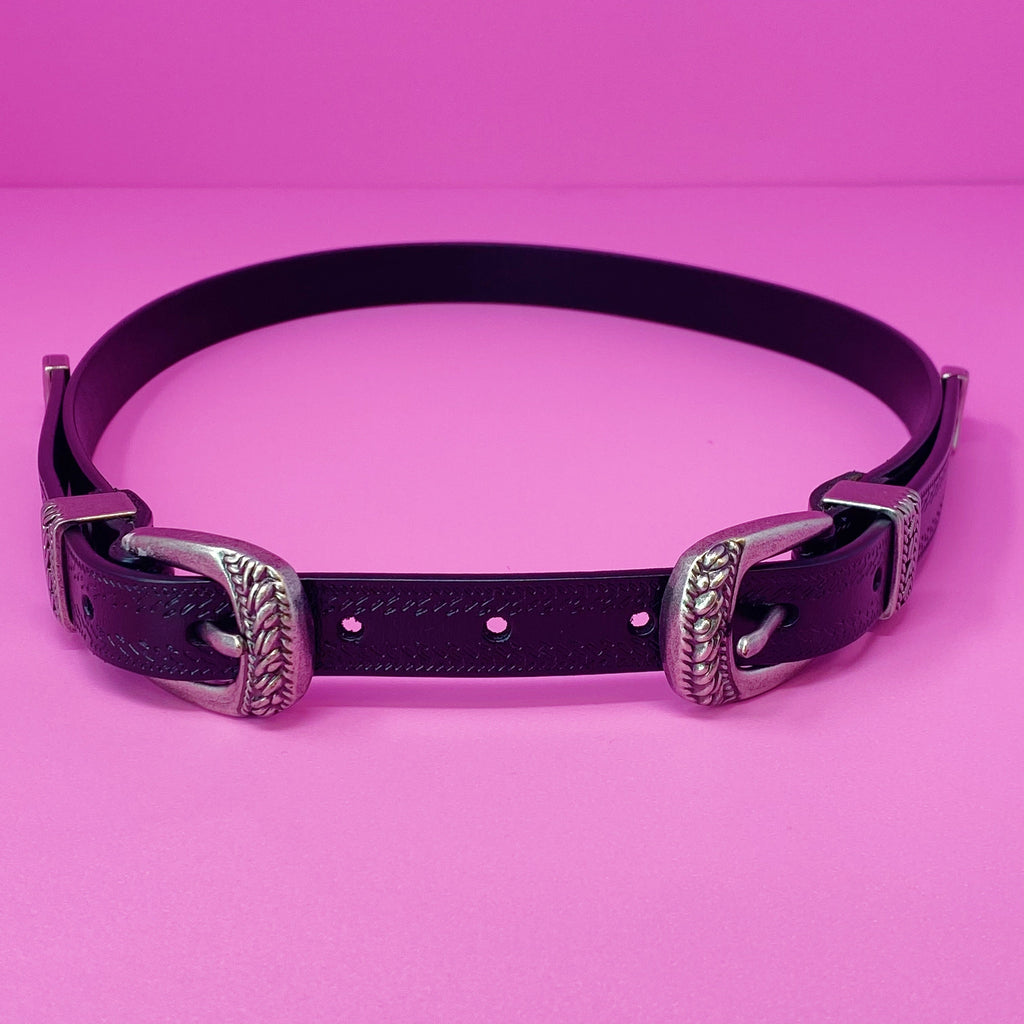Double Buckle Leather Belt – Slim Women's Belt, Silver Tone – image 9