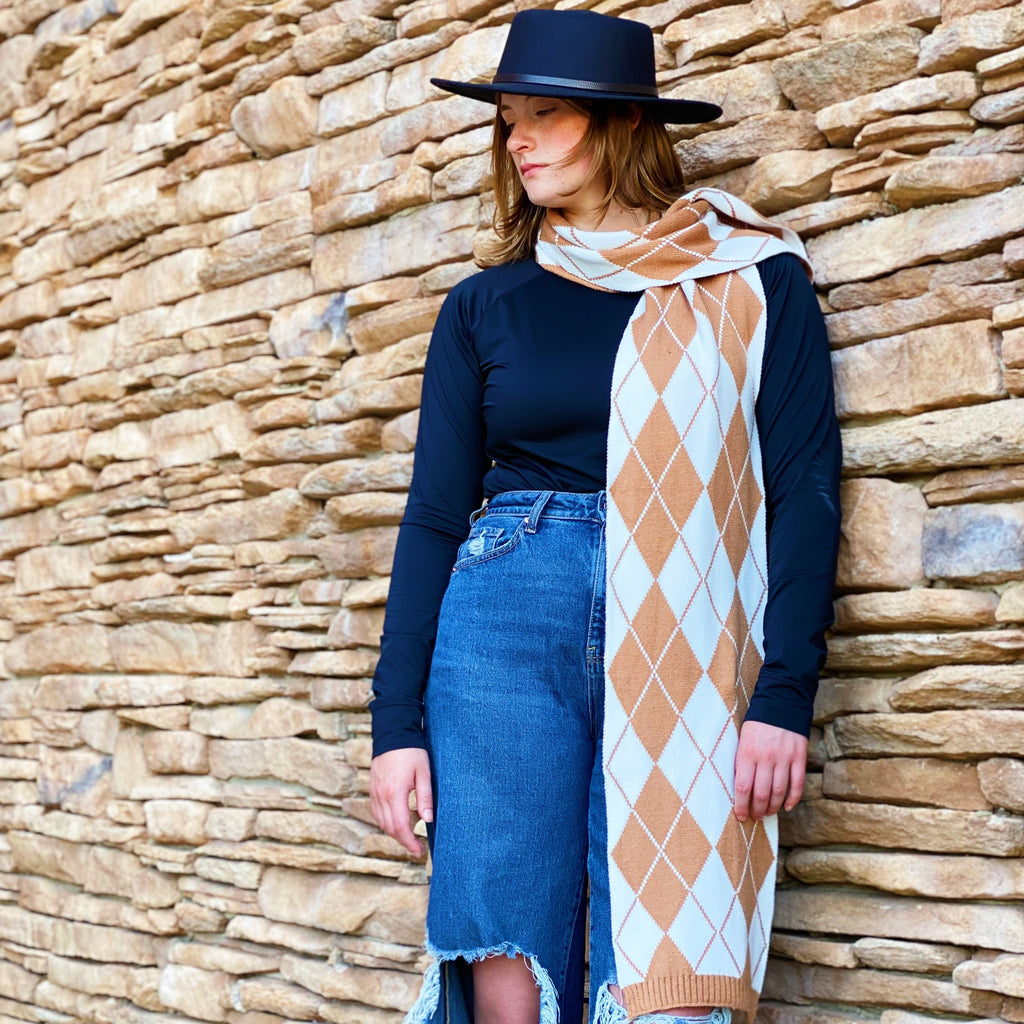 Argyle Knit Scarf – Patterned Fall Scarf, 10 x 64 in