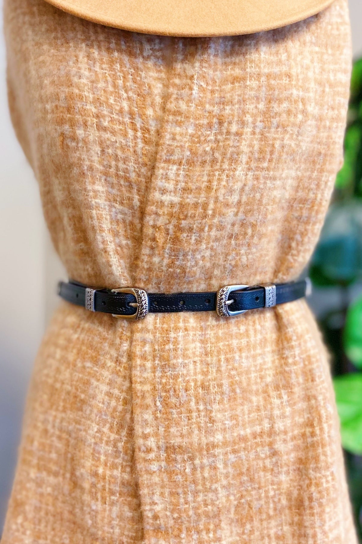 Double Buckle Leather Belt – Slim Women's Belt, Silver Tone – image 3