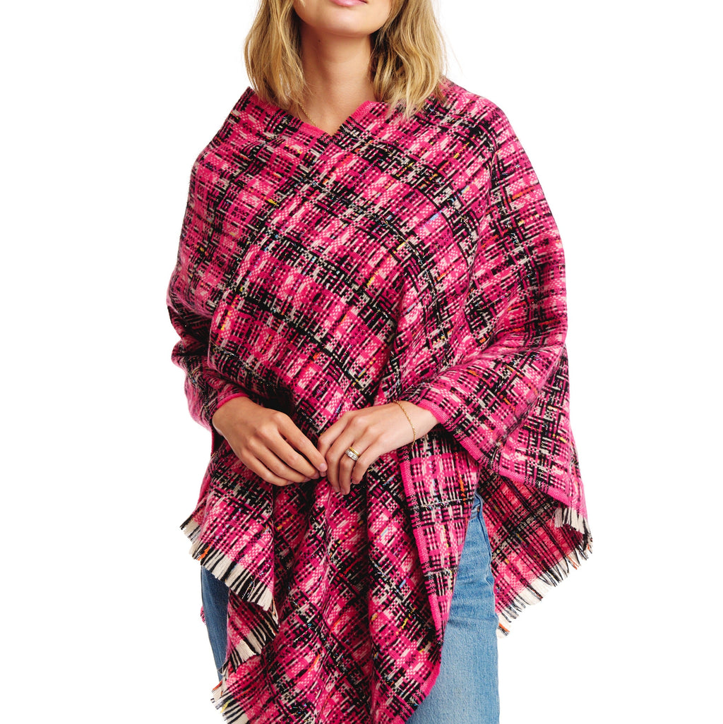 Plaid Tweed Poncho Wrap for Women – Ivory or Black – image 3