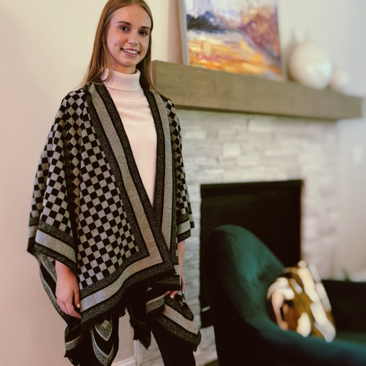 Checkered Ruana Wrap – Open Front Viscose Shawl, 62 x 50 in – image 2