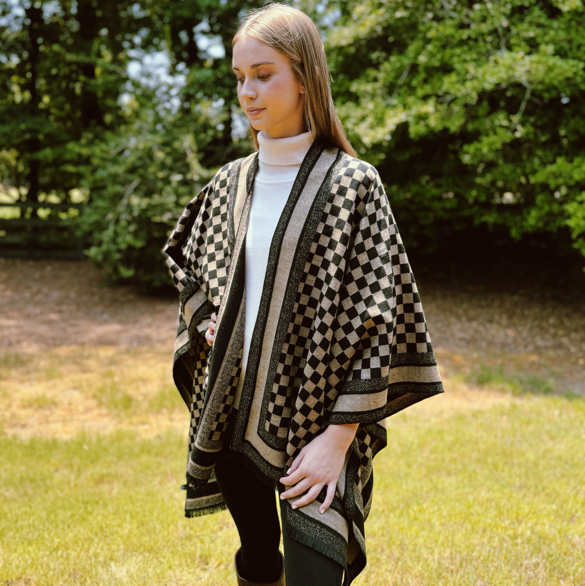 Checkered Ruana Wrap – Open Front Viscose Shawl, 62 x 50 in