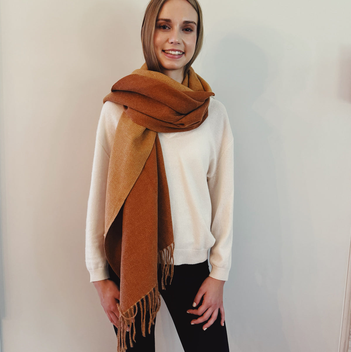Reversible Fringe Scarf – Rust Double-Sided Winter Wrap – image 11