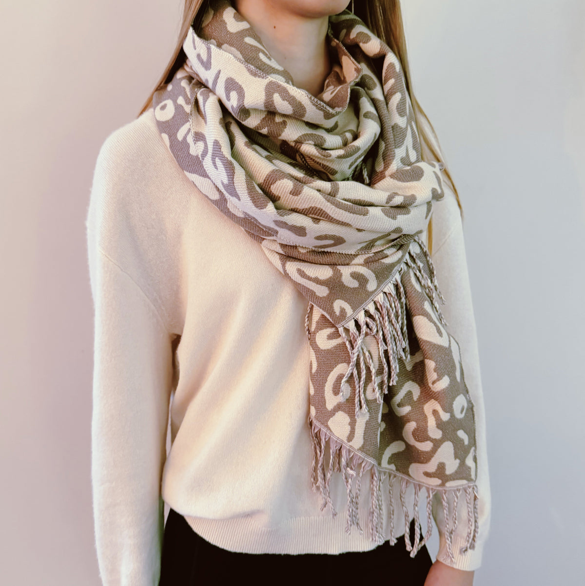 Leopard Print Fringe Scarf, Lightweight Long Wrap 72 x 26 in – image 4