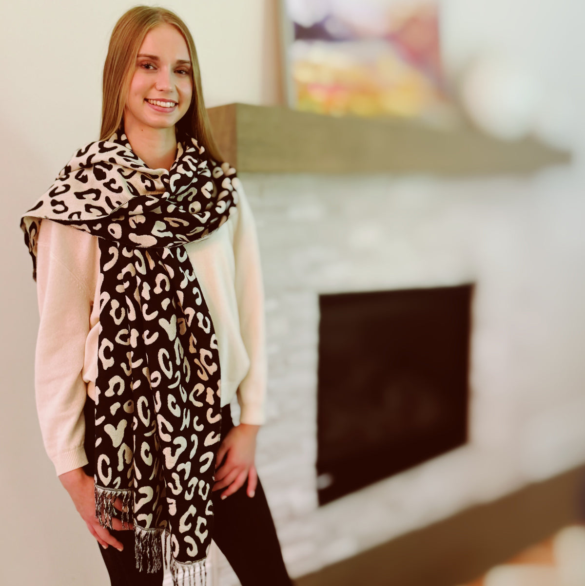 Leopard Print Fringe Scarf, Lightweight Long Wrap 72 x 26 in – image 1