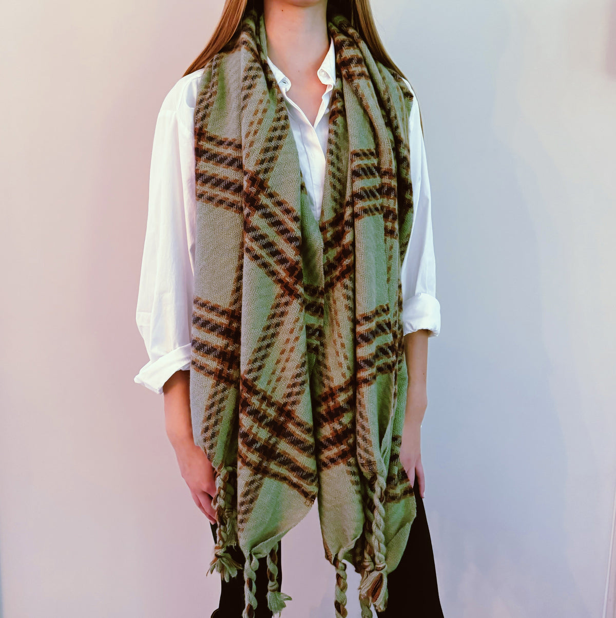 Plaid Scarf – Braided Fringe Blanket Scarf – image 7