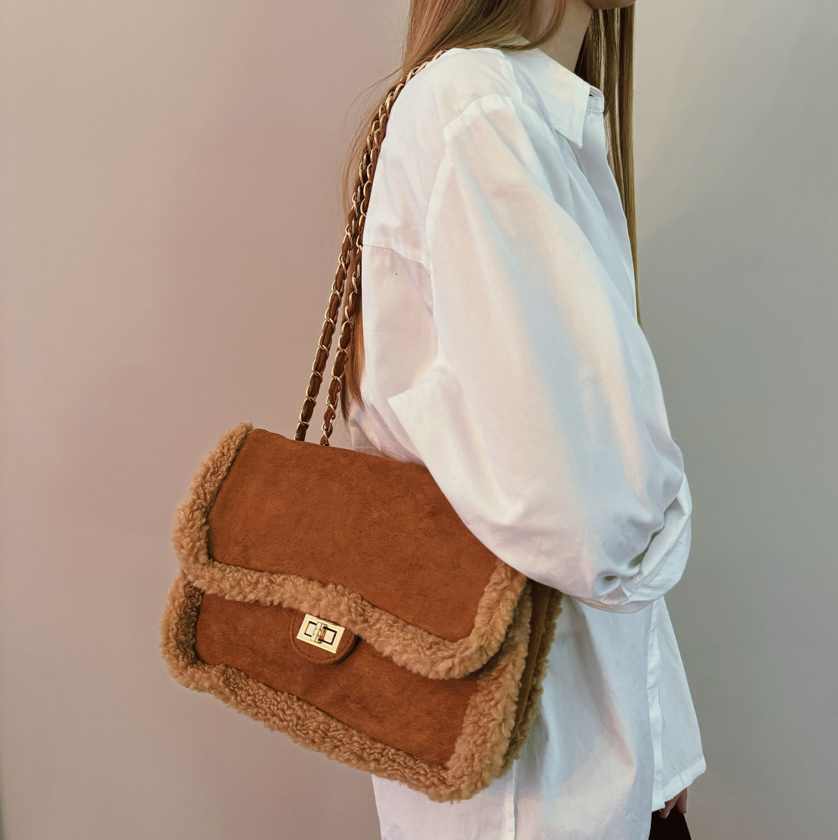 Fluffy Trim Chain Shoulder Bag – Convertible Crossbody Purse – image 2