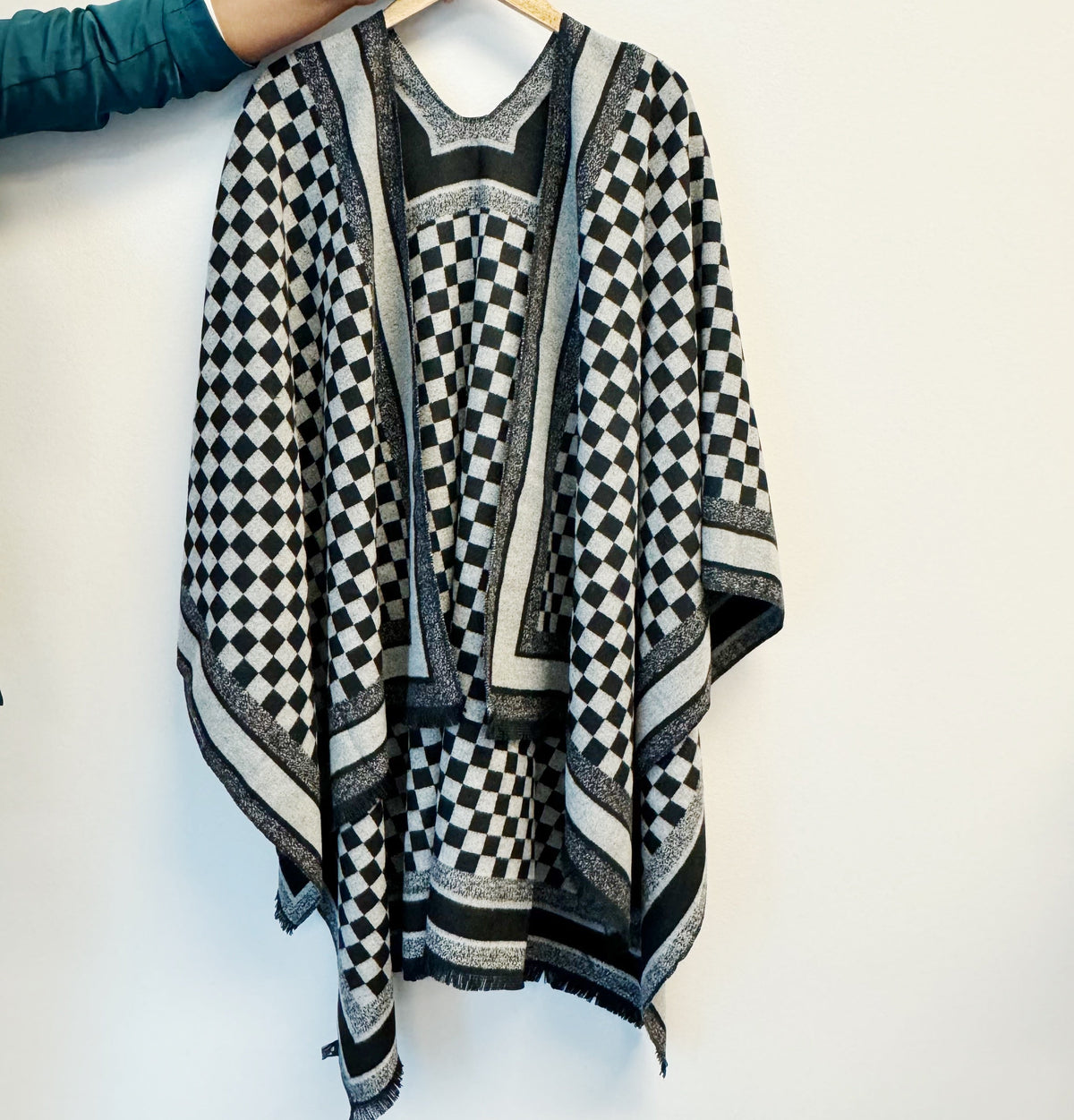 Checkered Ruana Wrap – Open Front Viscose Shawl, 62 x 50 in – image 4