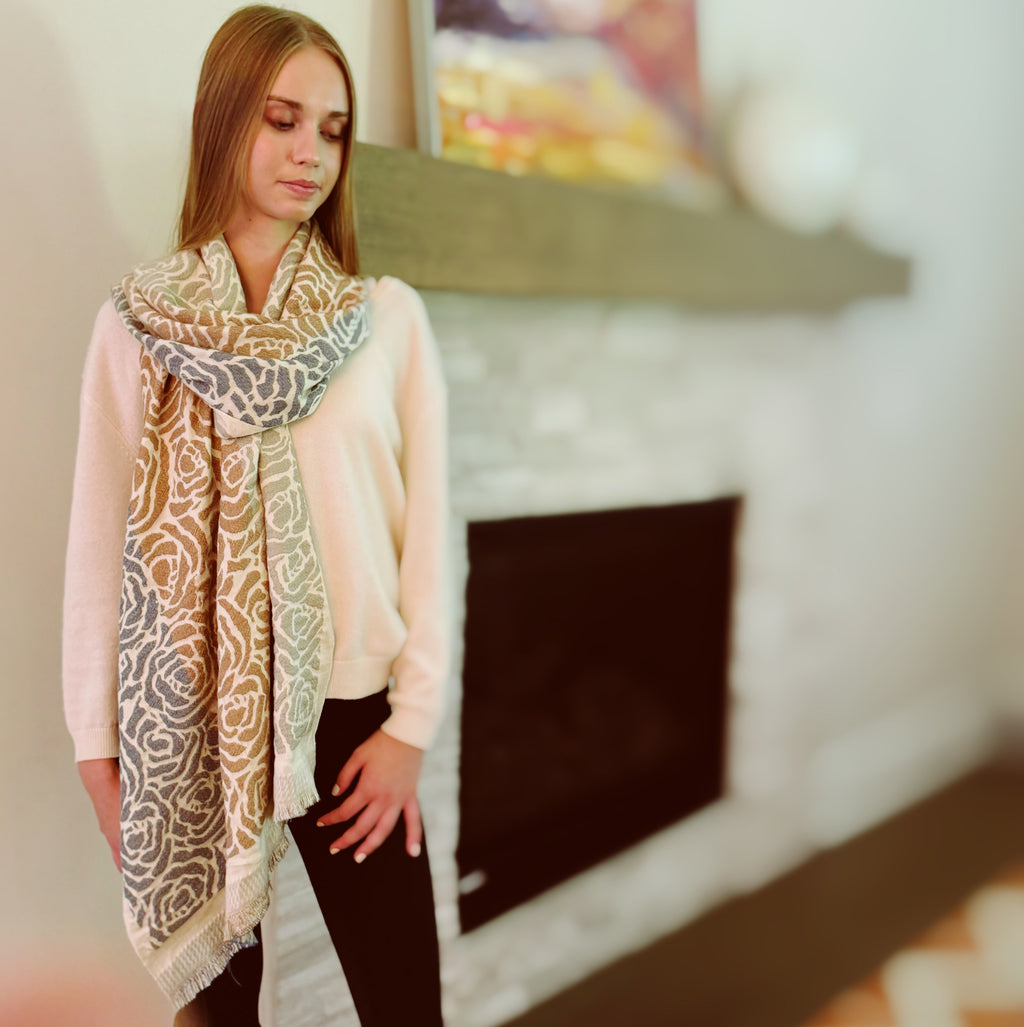 Rose Print Scarf – Lightweight Viscose Wrap, 72 x 26 in