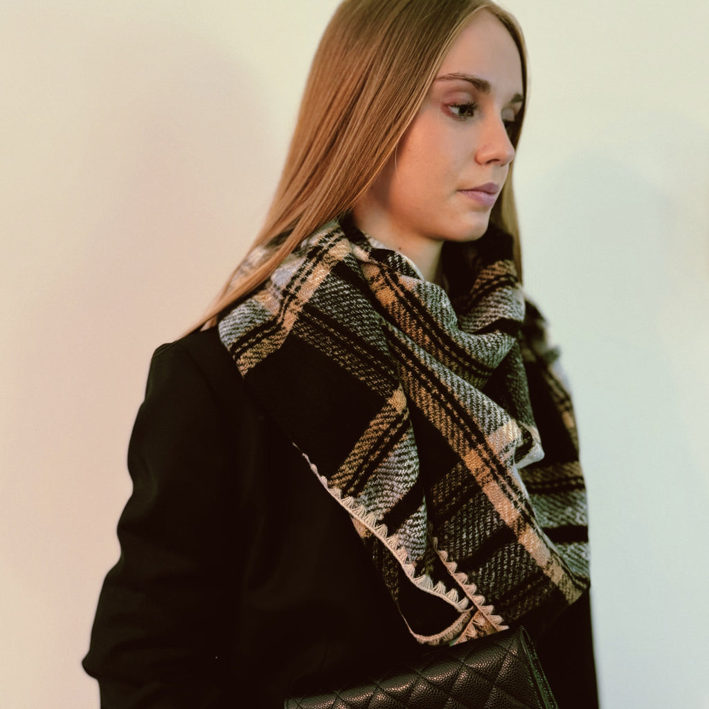 Plaid Triangle Shawl Scarf – 80 x 37 in Winter Wrap