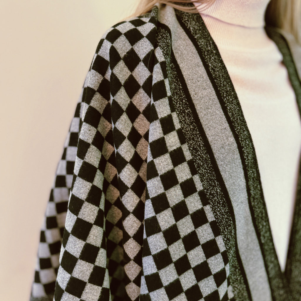 Checkered Ruana Wrap – Open Front Viscose Shawl, 62 x 50 in – image 5
