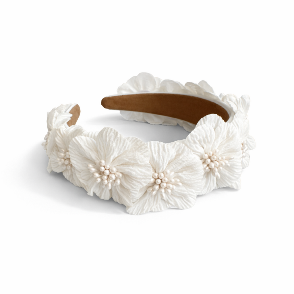 Floral Pearl Headband – White Petal Bridal Hair Band – image 2