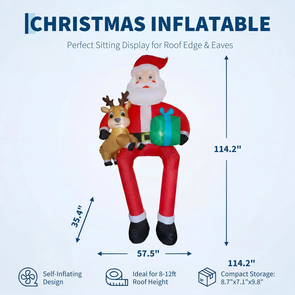9.5 Ft Inflatable Sitting Santa with Reindeer and Gifts