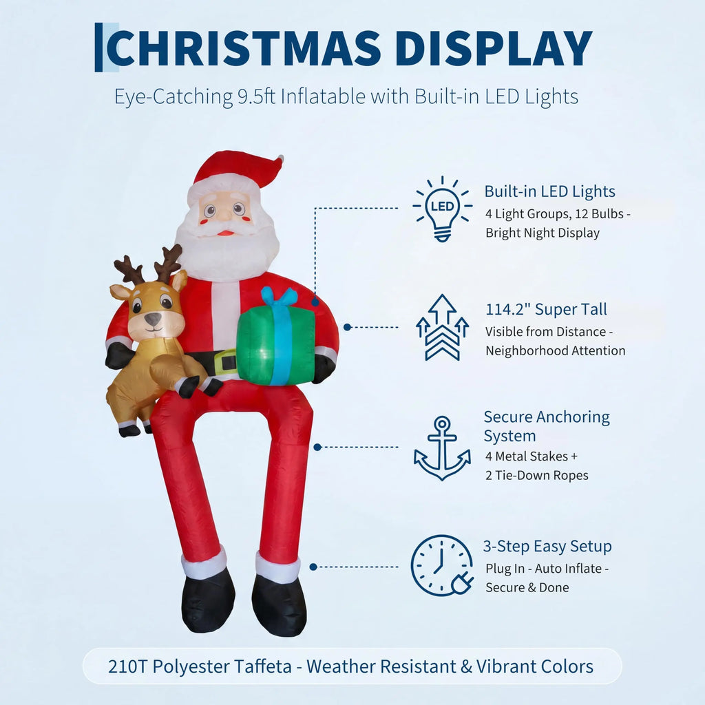 9.5 Ft Inflatable Sitting Santa with Reindeer and Gifts